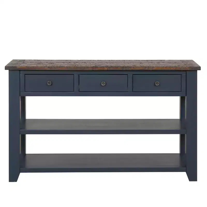 Hostack 48'' Solid Wood Top Console Table with 3 Storage Drawers and 2 Shelves, Blue