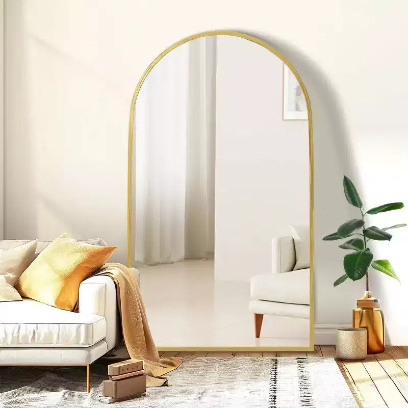 67 inch Full Length Mirror Arched Aluminum Alloy Frame Floor Mirror with Bracket Gold