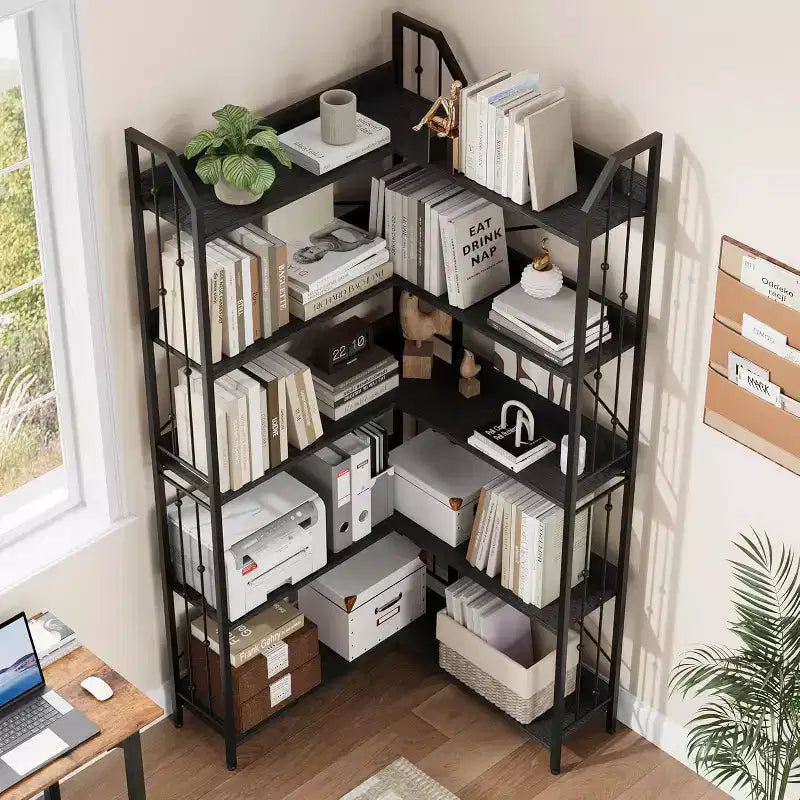 72-Inch L-Shaped Corner Bookcase, 5-Tier Open Shelf, Black
