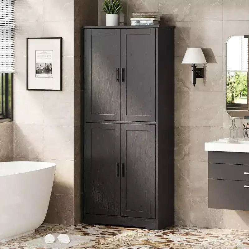70in Tall Kitchen Pantry Cabinet, Freestanding Storage Cabinet with 4 Doors and Adjustable Shelves, Large Utility Wooden Coffee Bar Cabinet