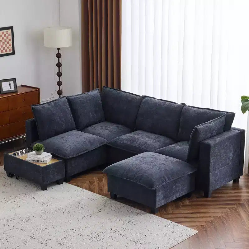 Whisen 90 U-shaped Sectional Sofa Modular Sofa Couch with a Movable Ottoman , a Coffee Table with Hidden Charging Devices