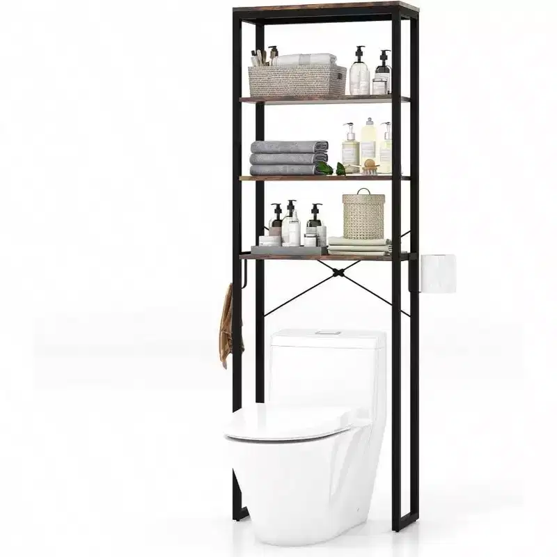 Bathroom Over Toilet Storage Rack 4 - Tier Industrial Organizer Shelf with Toilet Paper Holder Hook Multifunctional Freestanding