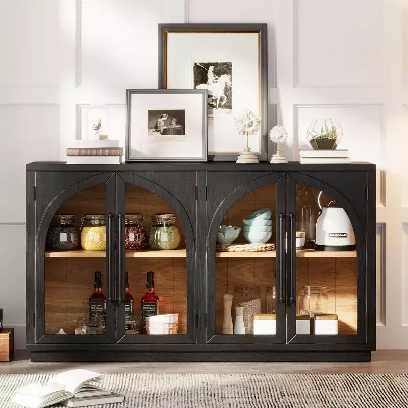 Whisen 4-Door Large Storage Sideboard Buffet Cabinet with Glass Doors