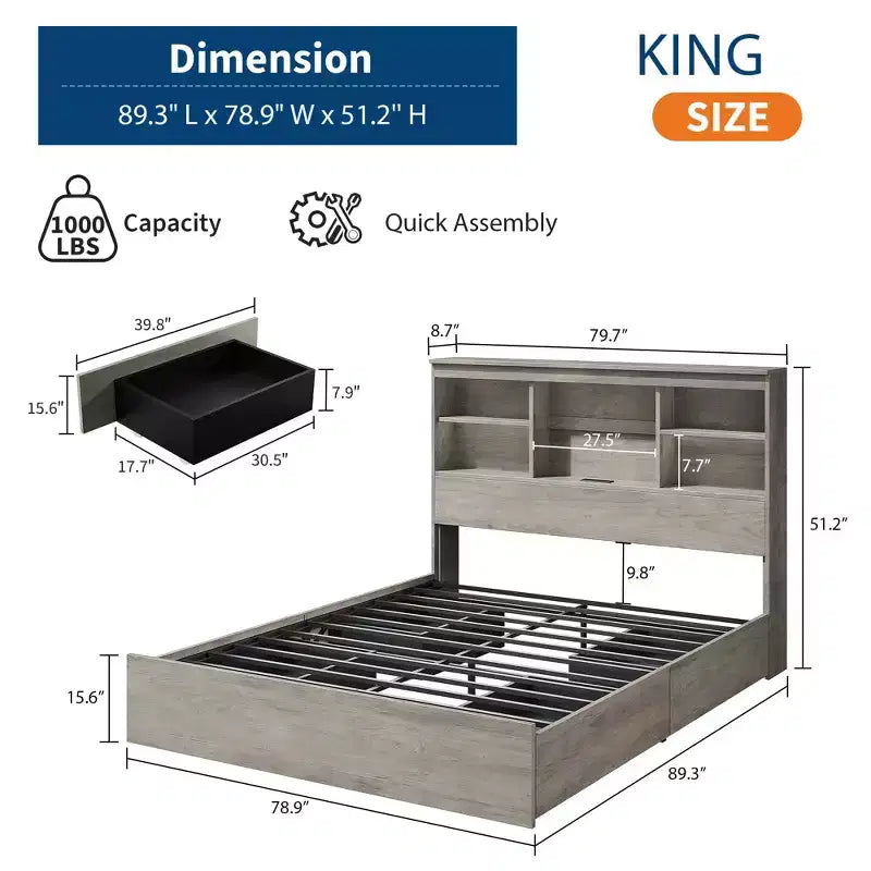 Bed Frame with High Storage Bookcase Headboard, 4 Storage Drawers, Built in Charging Station, No Box Spring Needed, Metal Frame, Noise-Free