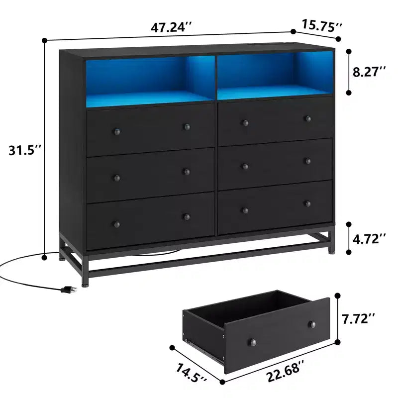 Zstar 47.2 In 6 Drawer Dresser for Bedroom with LED Lights & Charging Station