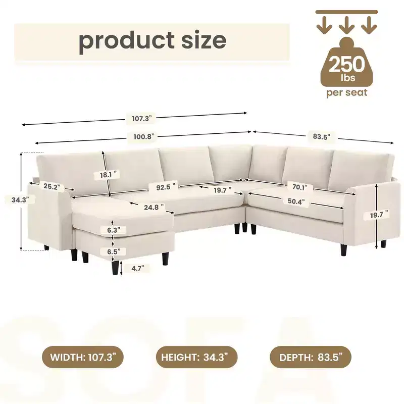 Likepay Modular Comfort Corner Shaped Sectional Sofa,Large 7 Seater Corner Sofa for Living Room, Office, Spacious Space