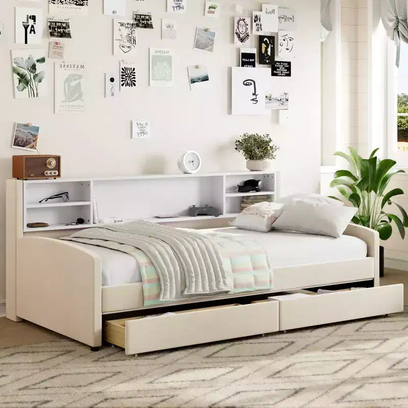 Bellemave Twin Size Daybed Frame with 2 Storage Drawers and Side Storage, Velvet Upholstery Twin Bed for Kids and toddlers