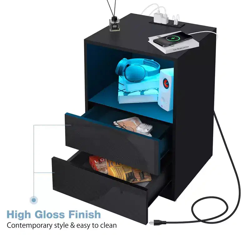 Modern Open Shelf Bedside Table LED Nightstand with Charging Station
