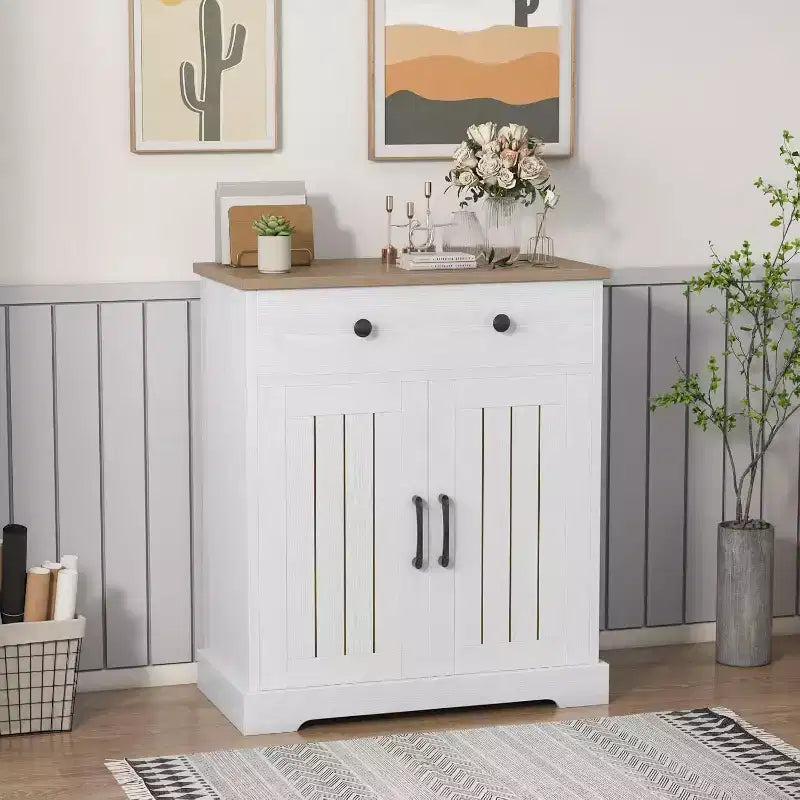 Small Storage Cabinet, Compact Wood Sideboard Buffet Cabinet with 2 Drawers & 2 Doors, Modern Minimalist Accent Furniture for Home