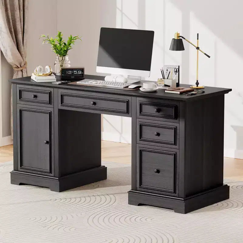 Dyonery 60 Farmhouse Executive Office Desk with Drawers and File Cabinet, Embossed Texture Wood Home Office Desk,Black/Brown/White and brown