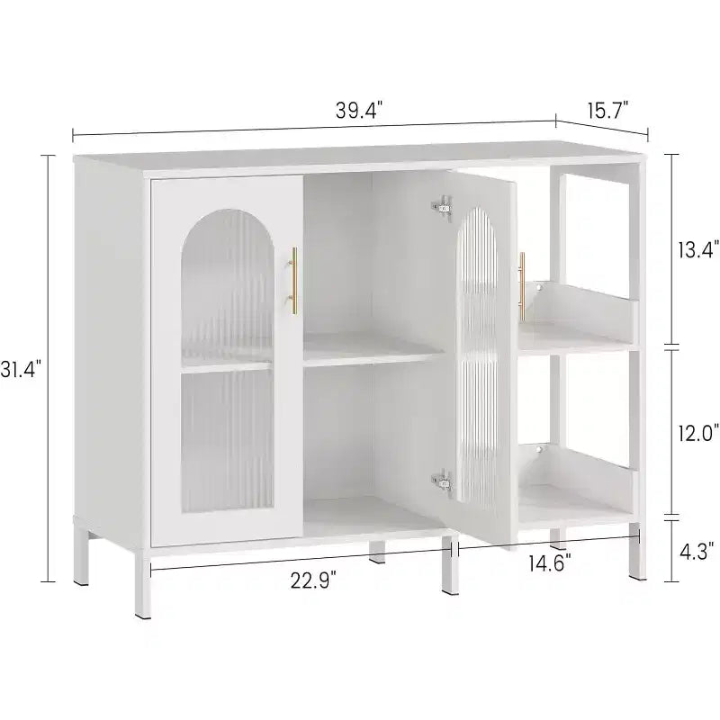 39.4 White Modern Glass Door Display Cabinet with Gold Handles, Dining & Living Room