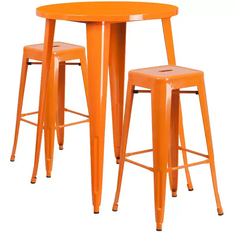 Flash Furniture Commercial Grade 30 Round Metal Indoor-Outdoor Bar Table Set with 2 Square Seat Backless Stools