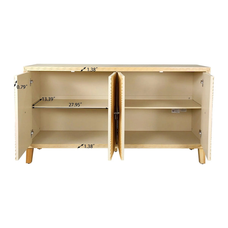 Roomfitters Vintage Natural 4-Door Storage Cabinet with Carved Pattern, Adjustable Shelves, and Large Buffet for Living Room