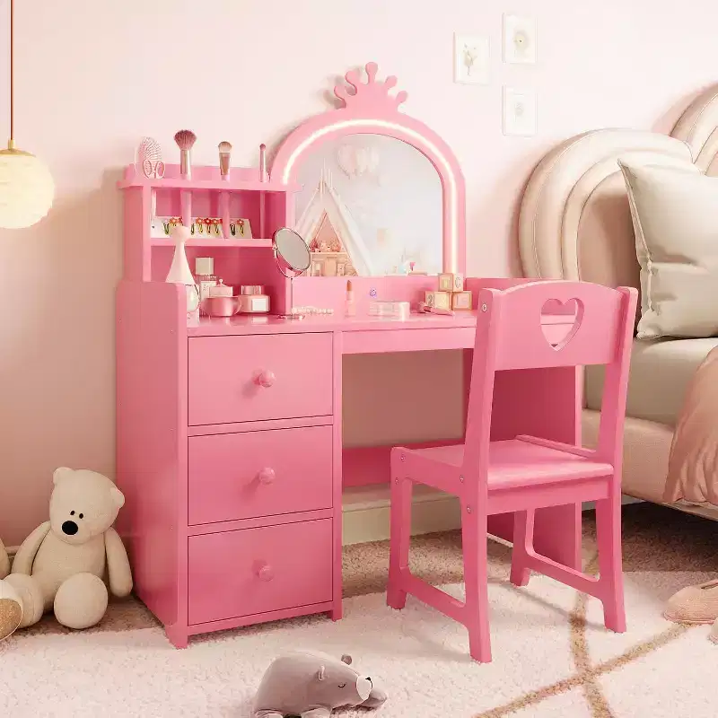Vanity Desk with Mirror and Lights for Little Girls, Makeup Vanity Set with Drawers & Open Storage Shelves, Wooden Princess Dressing Table for Bedroom