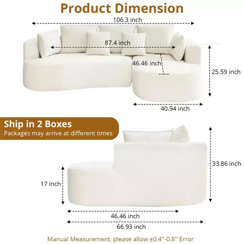 GustoWave 106 Modern Curved Sectional Cloud Sofa with Chaise Lounge, Modular Chenille Fabric Sleeper Couch, No Assembly Required
