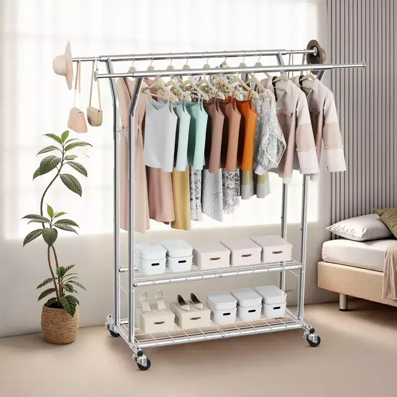Rolling Clothes Garment Rack with 2 Hanging Rods, 2 Storage Shelves & Side Hooks, 264 lbs Capacity, Silver