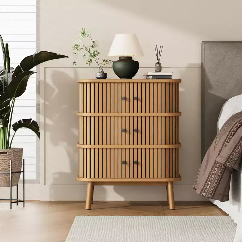 3-Drawer Dresser with Sliding Doors, MDF Construction, Matte Black Handles and Wooden Legs