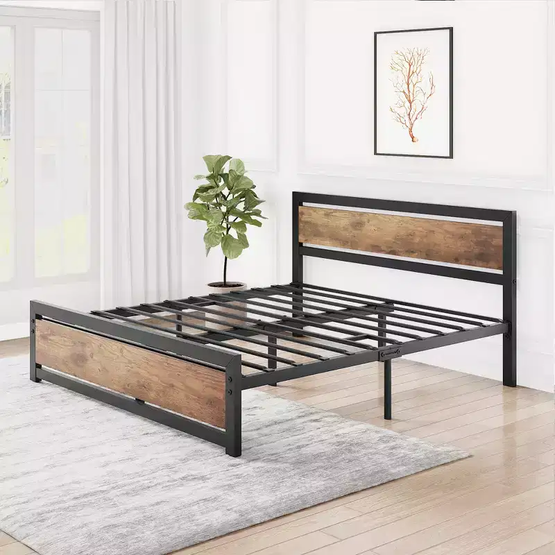 Bed Frame, Metal Platform Bed Frame with Wooden Headboard and Footboard, Non-Slip Heavy Duty Bed Frame with Large Under Storage, No Box Spring Needed