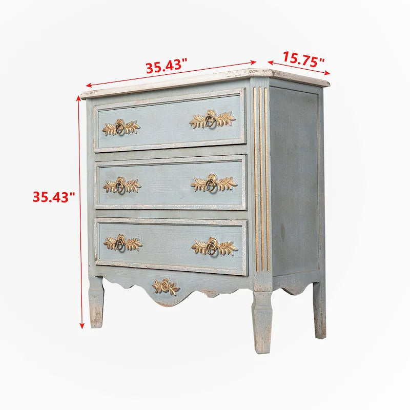Distressed Light Blue Cream Top 2-Drawer Wood Cabinet with Gold Accents
