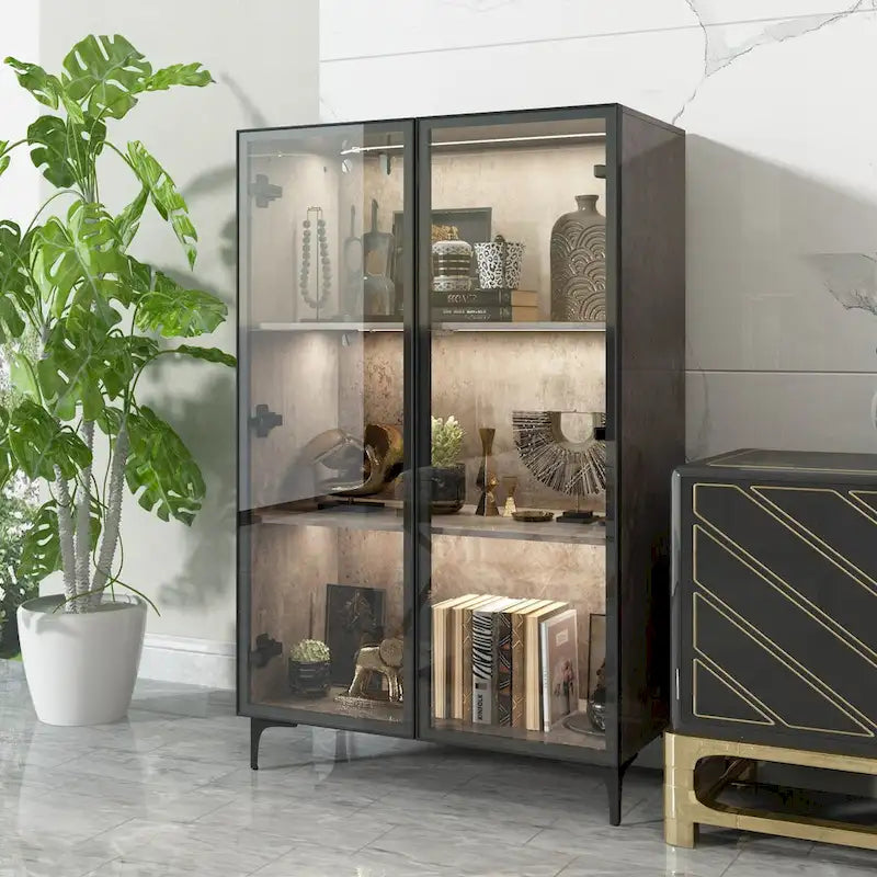 5-Tier Display Cabinet with Tempered Glass Doors and LED Lighting