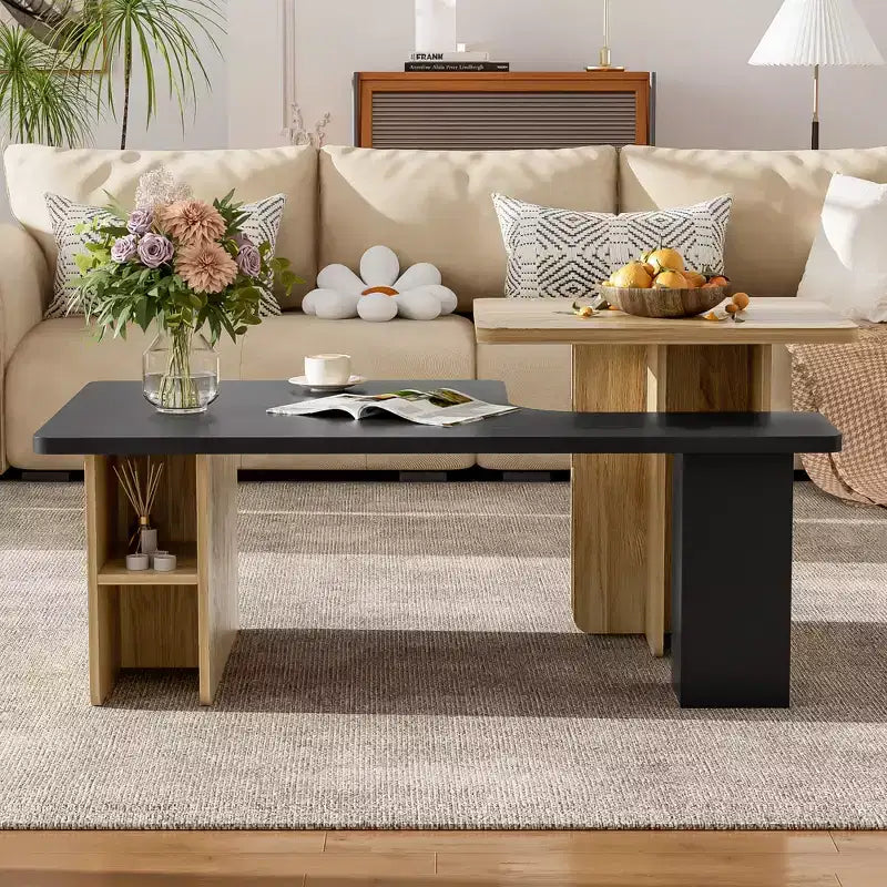 Farmhouse Nesting Coffee Table Set of 2, Rectangle Center Table Set with Storage for Living Room
