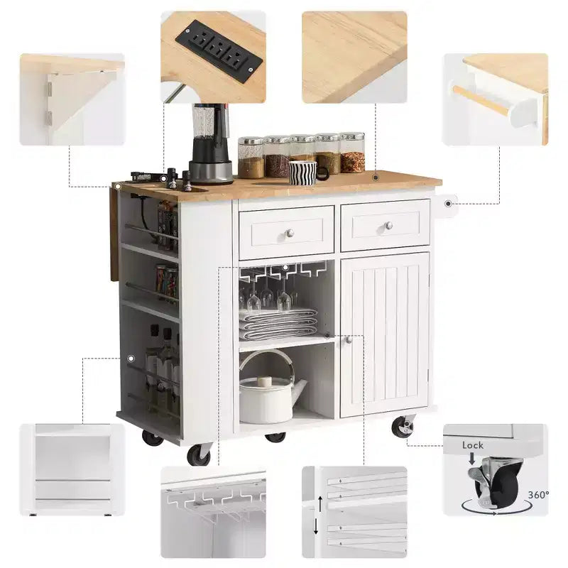 Rolling Kitchen Island with Drop Leaf and Power Outlet