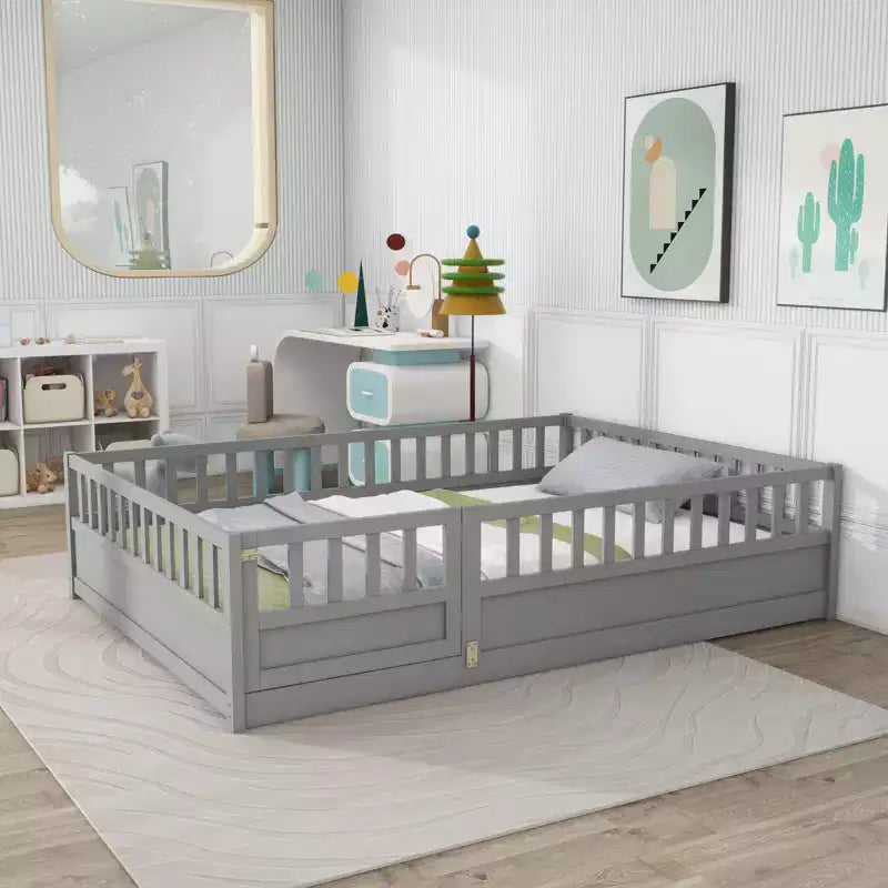 Full Floor Bed Frame with Extra-Tall Safety Rails and Entry Door, Gray