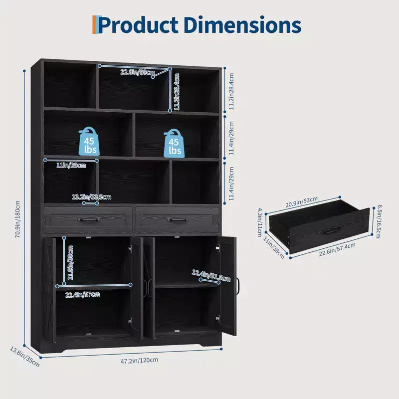 71 Tall Bookcase with with 2 Drawers, 5 Tier Wooden Bookshelf with Adjustable Shelves, Floor Standing Open Display Shelves for Living Room