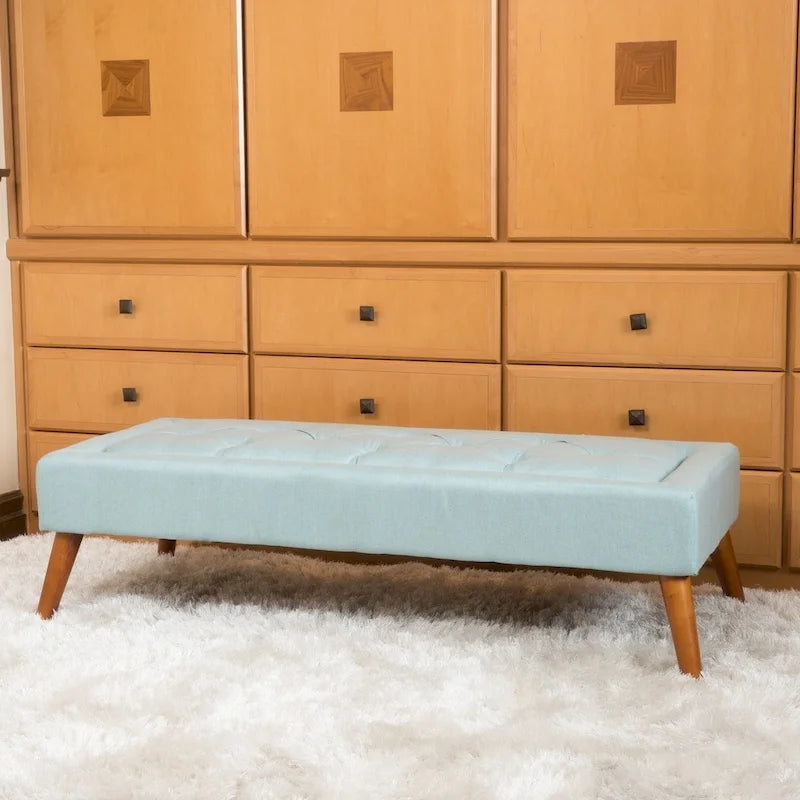Tufted Fabric Ottoman Bench with Wooden Legs