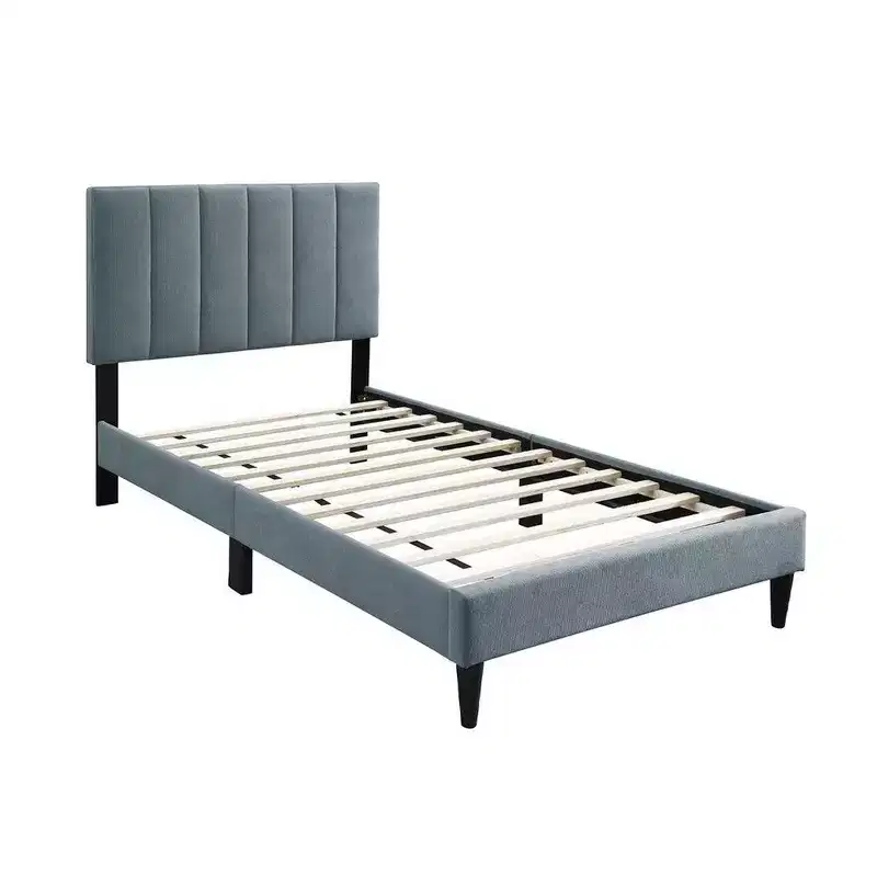 Twin Bed with Channel Tufted Headboard, Soft Light Gray Linen Upholstery