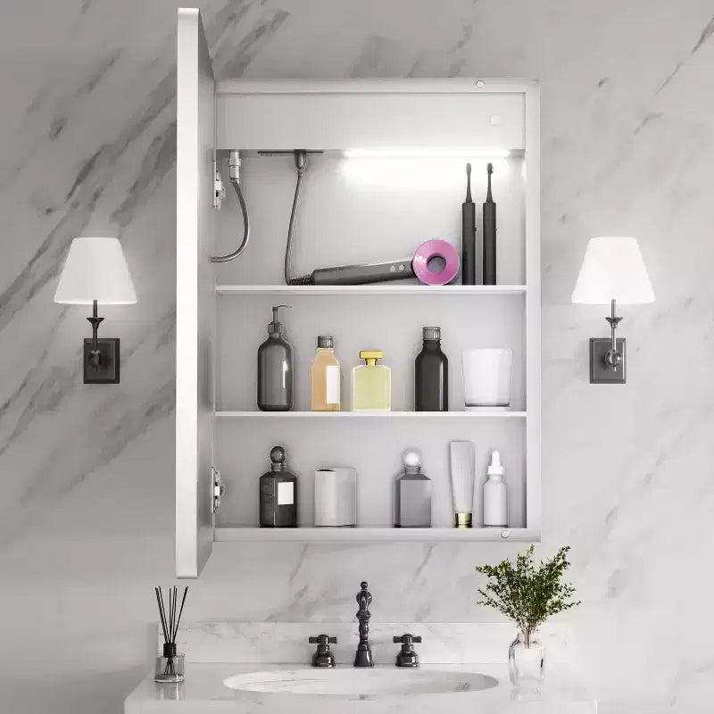 FAMYYT 20 in. W x 28 in. H Rectangular Iron Medicine Cabinet with Mirror, Dimmable LED Light, Anti-Fog and Outlets - Fully Assemble
