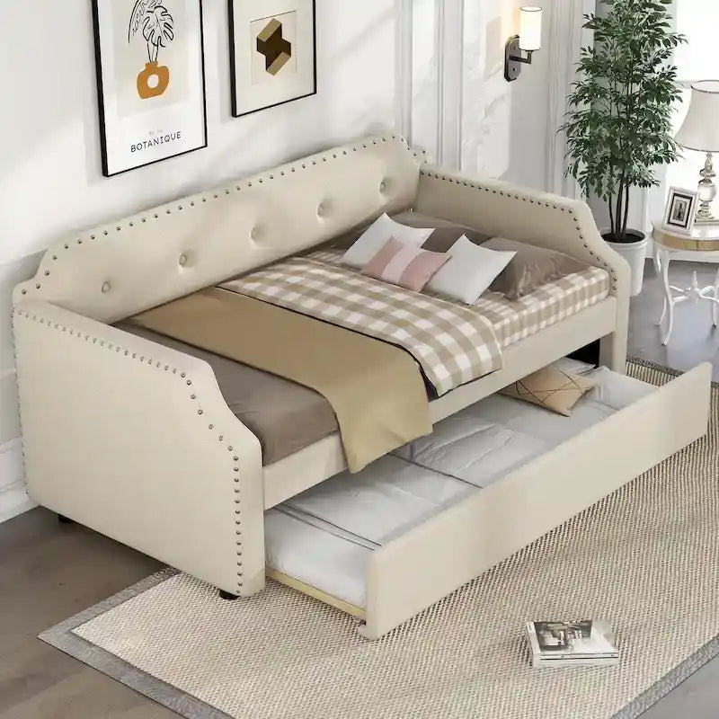 Twin Upholstered Daybed with Pull-Out Trundle �C Tufted Back, Nailhead Trim & Wood Slat Support