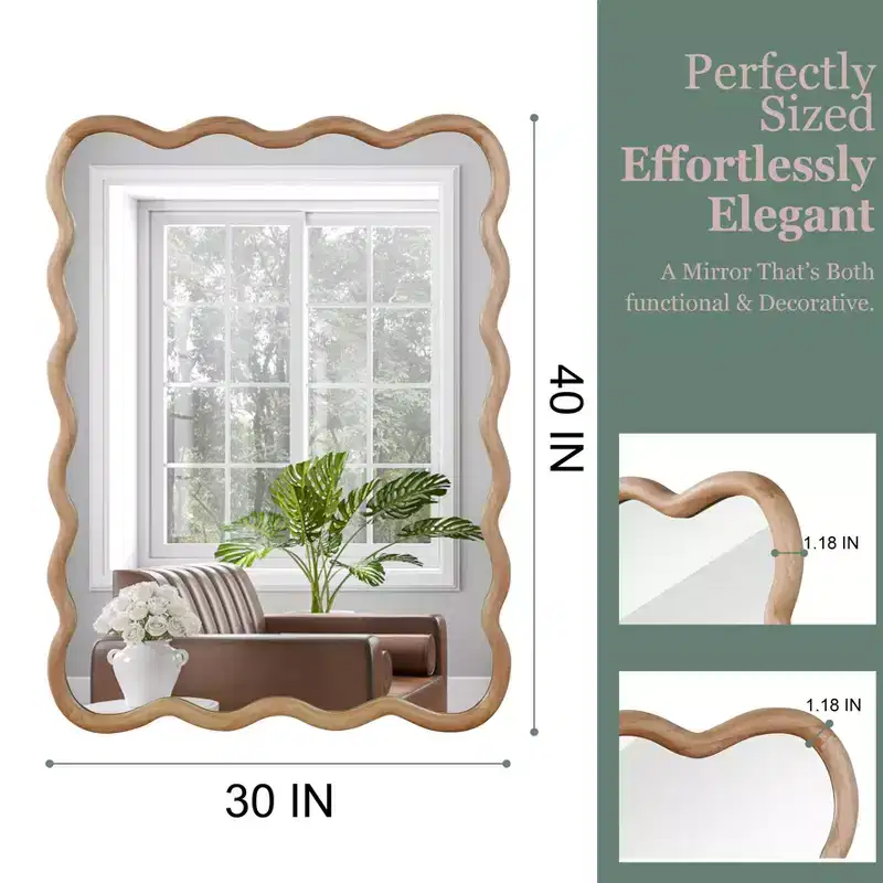 40 Wavy Rectangle Solid Wood Frame Decorative Mirror, Modern Farmhouse Wall Mirror for Bedroom, Bathroom & Living Room, Natural Wood