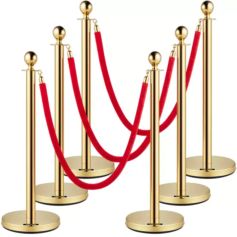 VEVOR Velvet Ropes and Posts, 5 ft/1.5 m Red Rope, Stainless Steel Gold Stanchion with Ball Top, Red Crowd Control Barrier Used for Theaters, Gold