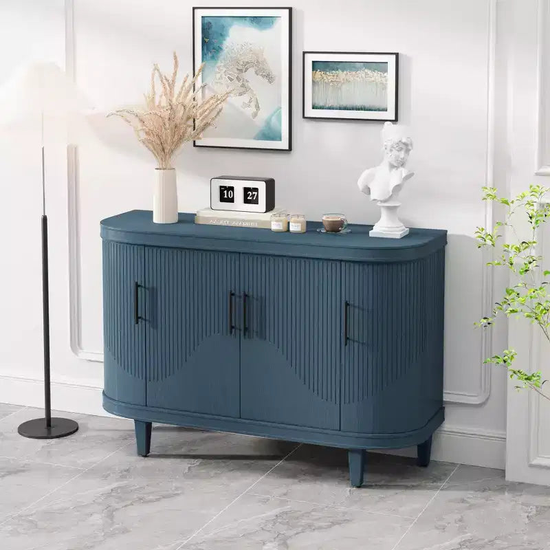 Blue Curved Sideboard 47.2-Inch Decorative Storage Cabinet Wooden Console Table Cabinet with 4 Doors and Adjustable Interior Shelves