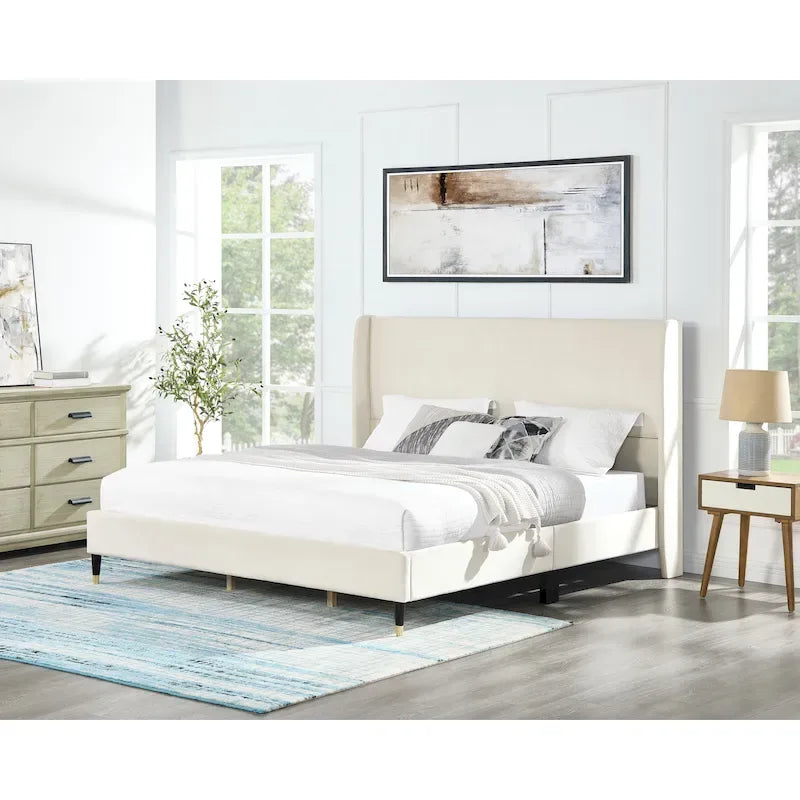 Upholstered Wingback Platform Bed - Tufted Headboard Bed Frame, No Box Spring Needed
