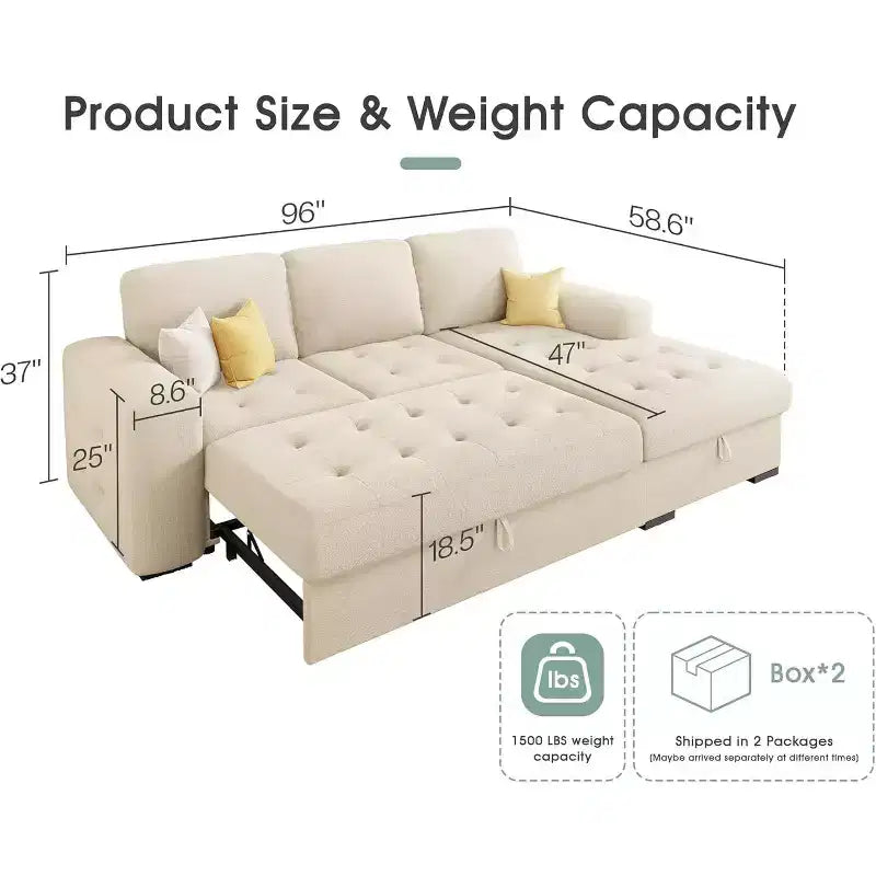 AMERLIFE 96 Sofa Bed with Storage Chaise  Convertible Pull-Out Sleeper Couch for Living Room