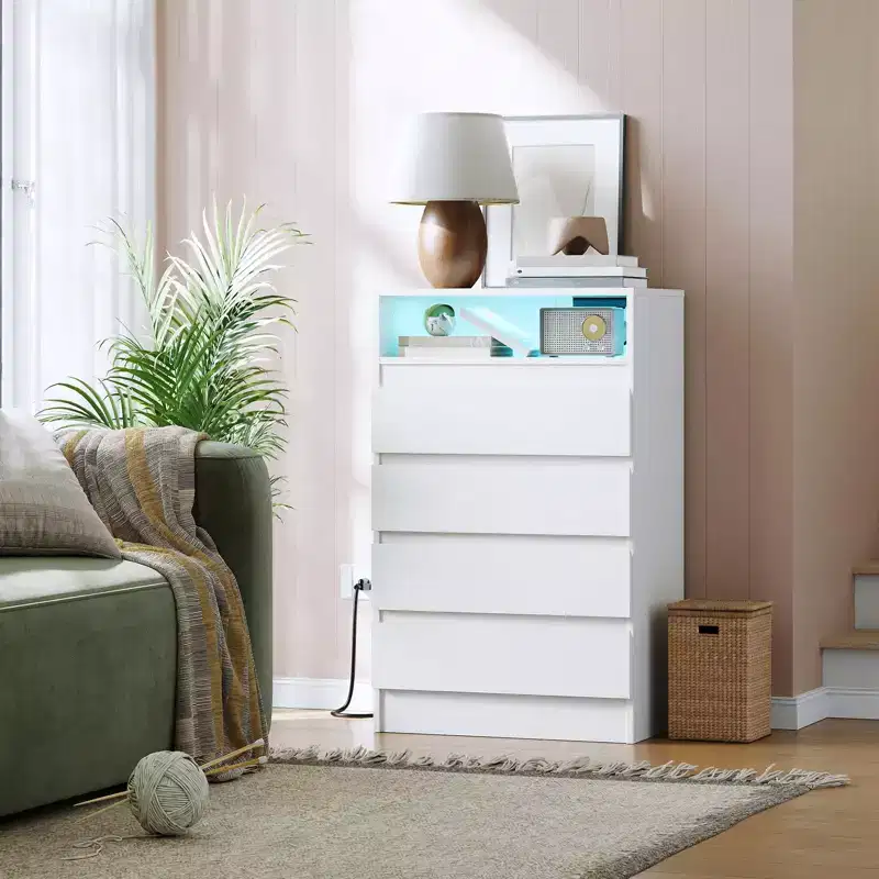 4 Drawer Dresser, White LED Dresser with Charging Station, Anchors to Wall, 6-Color Adjustable Light Strip, Suitable for Bedroom, Living Room