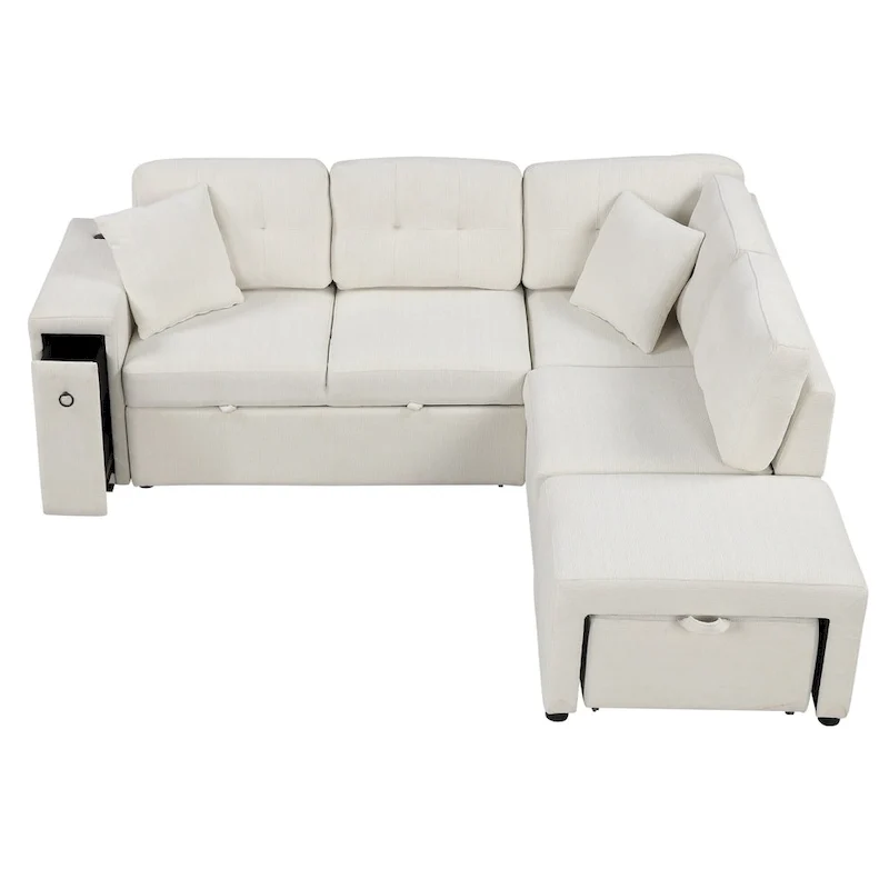 L-Shaped 4-Seat Sectional Sofa with Pull-Out Bed, Ottoman, USB Ports & Drop-Down Table