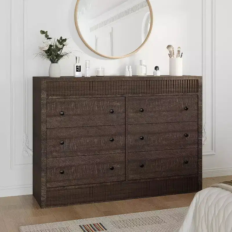 6-Drawer Dresser with Fluted Panel Design, Oak Finish �C Bedroom Storage Chest