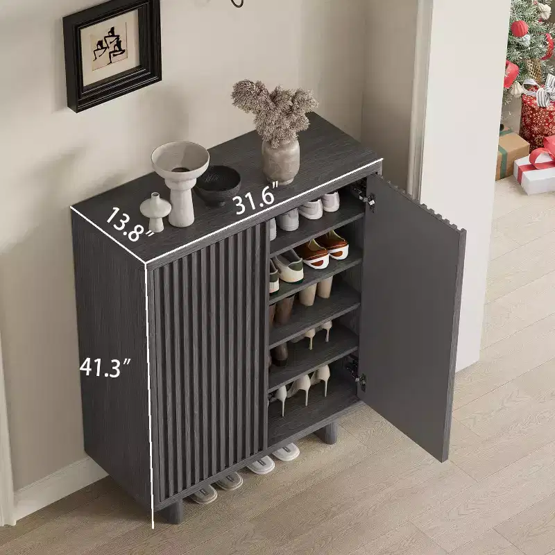 31.6 Inch Shoe Cabinet with Fluted Door, 5-Tier Storage with 4 Adjustable Shelves, Rustic Entryway Shoe Bench for Hallway & Foyer