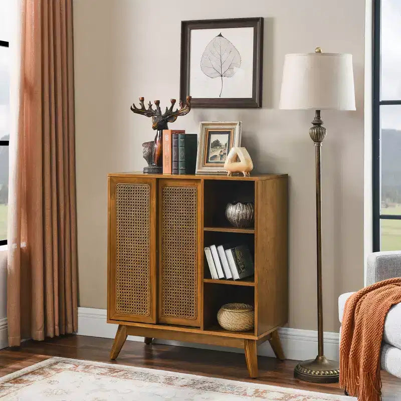 MAYEERTY Mid Century Modern Rattan Sideboard Buffet Cabinet with Adjustable Shelf Solid Wood Feet Rattan Doors Walmut