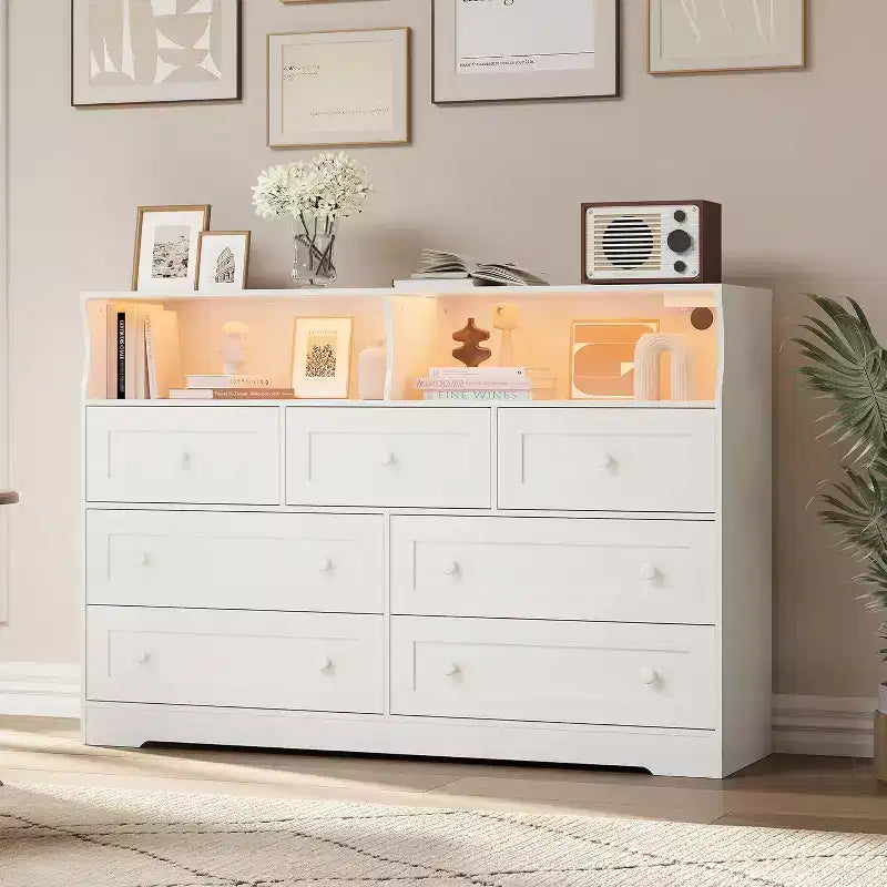 7-Drawer Wooden Dresser, with 2 Open Cubbies & LED Lights for Bedroom & Living Room, White