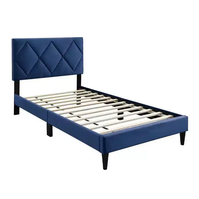 Royal Hampton Twin Bed, Tufted Navy Blue Velvet Upholstery, Diamond Stitch