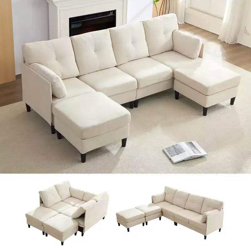 Mjkone Modular Convertible Sectional Sofa Couch, Upholstered Comfy Fabric 4-Seater Sofa with Movable Ottomans