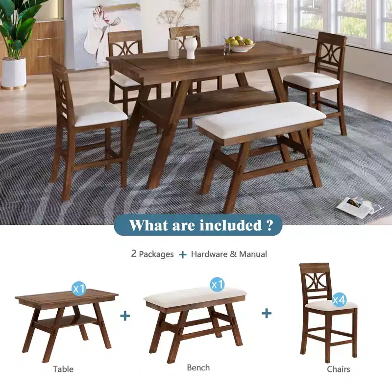 MAYEERTY 6-Piece Wood Counter Height Dining Table Set, Rustic Style with Storage Shelf, Bench & 4 Chairs, Walnut + Beige