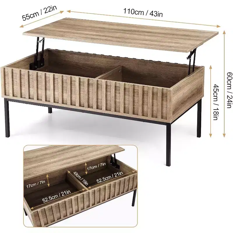 43in Wide Wood Lift Top Coffee Table with Large Hidden Storage Compartment, Lift Tabletop Dining Center Table for Living Room Office Home, Brown