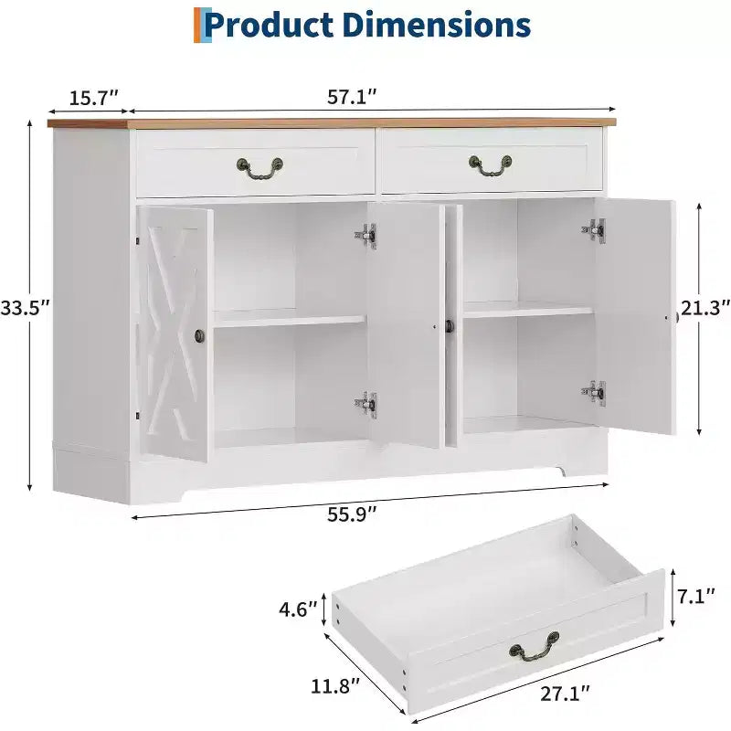 57 in Modern Farmhouse Sideboard Buffet Cabinet with 2 Drawers & Adjustable Shelves, Large Kitchen Storage Cabinet, Coffee Bar Organizer