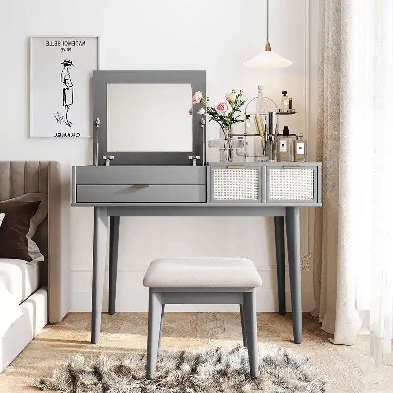 Wood Vanity Desk with Flip-top Makeup Mirror & Stool Dressing Table