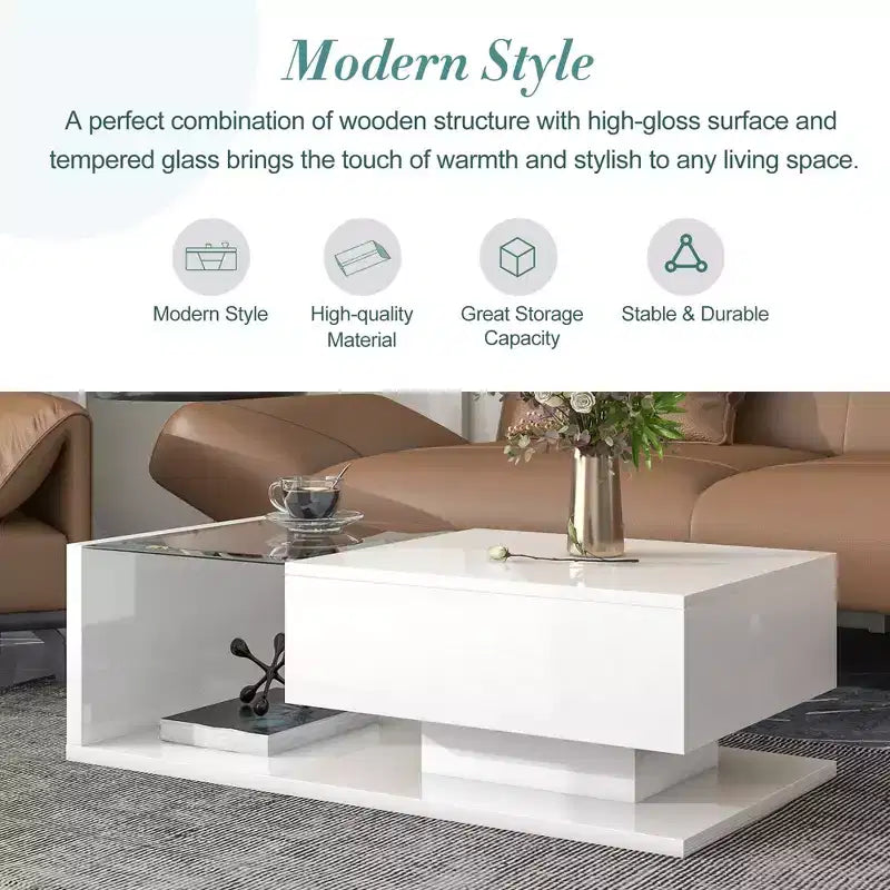 Modern Coffee Table with Tempered Glass, Wooden High-gloss UV Surface, 2-Tier Rectangle Center Table, White